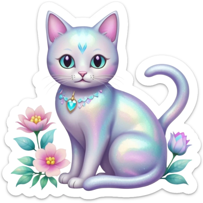 Pastel iridescent shiny glossy ethereal fantasy glittery cat with flowers and pastel colors aesthetic sticker