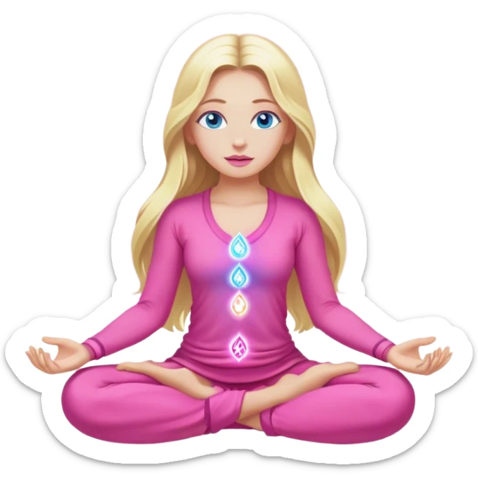Cinematic realistic blonde with long hair, blue eyes and pink lips, wearing pink clothes, meditating, her chakras glowing sticker