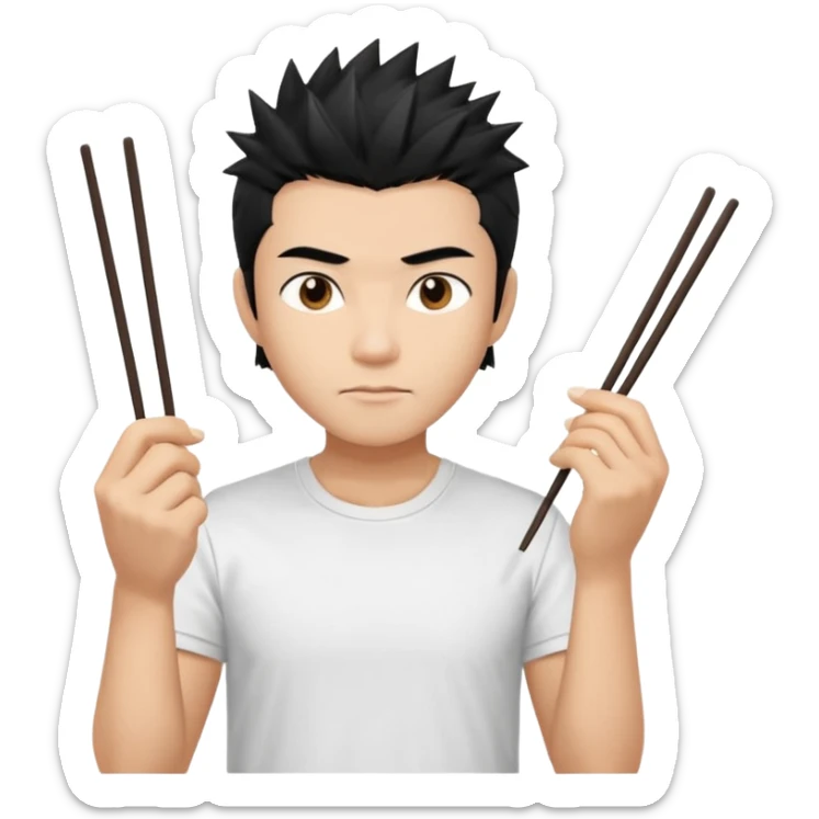 Make it a vietnamese male with spiky black hair hold ONE pair of chopsticks, t-shirt sticker