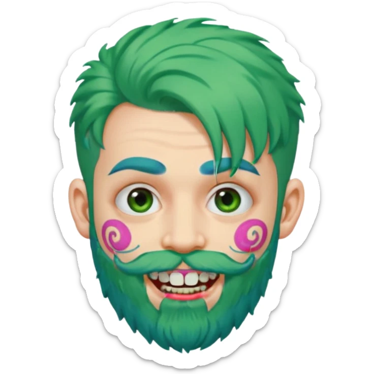 very colorful puffy green haired man just beard  no mustache made out of candy wearing teeth-braces and excessive face tattoos just face  sticker