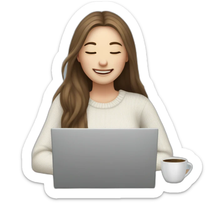 smiling woman pale skin middle brown long straight hair with a closed laptop and a coffee mug wearing a white woolly shirt having her eyes closed in a snowstorm sticker