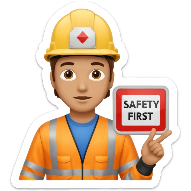 a guy wearing safety outfit with helmet holding a panel written on it SAFETY FIRST sticker
