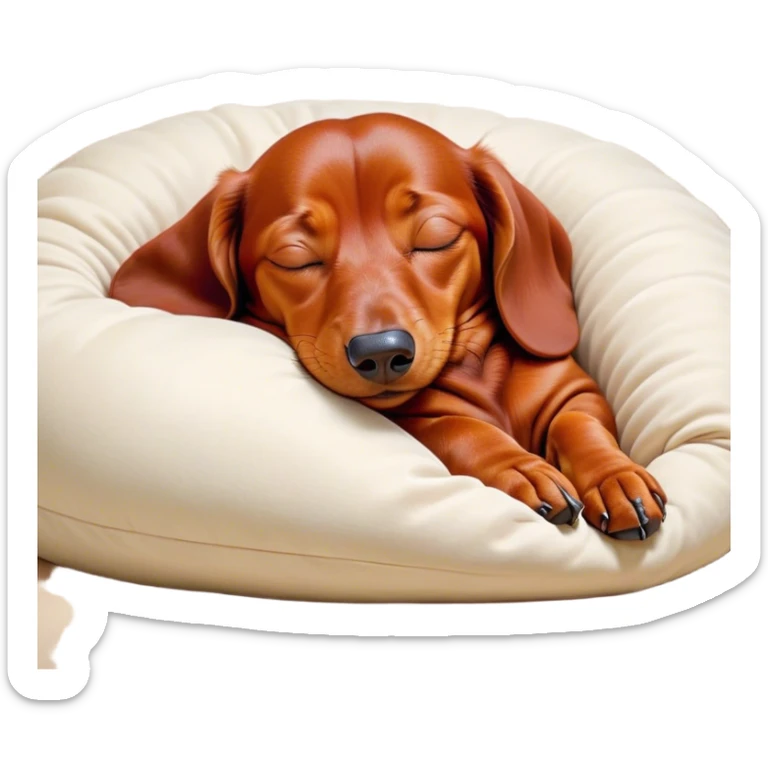 Cinematic Meme-Worthy Chubby Sleeping Red Dachshund Portrait Emoji, Head resting peacefully with a contented smile, showcasing a delightfully chubby, elongated build and a luxuriously soft red coat, eyes shut in a serene nap, Simplified yet hilariously adorable features, highly detailed, glowing with a soft, drowsy light, high shine, relaxed and utterly lovable, stylized with an air of playful laziness, bright and heartwarming, soft glowing outline, capturing the essence of a comically sleepy companion, so meme-worthy it feels like it could instantly become the next viral sensation of adorable slumber! sticker