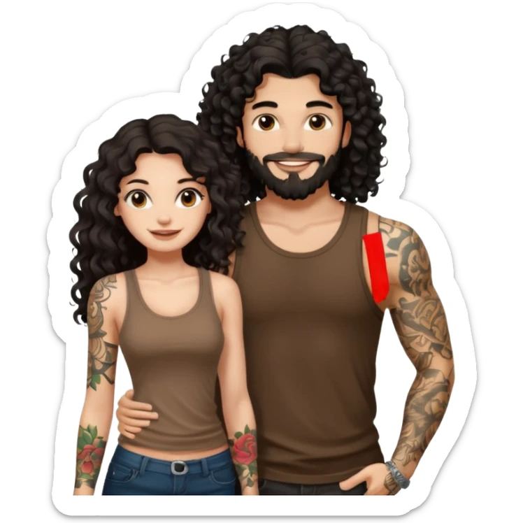 a pretty bratz fair girl with black long curly hair in a brown tank top with tattoos standing with a handsome tattooed tall guy sticker