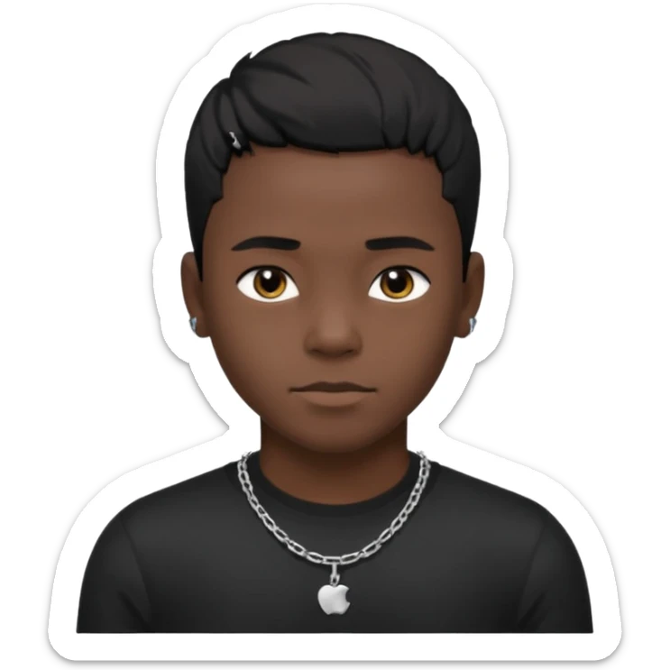 Generate a emoji of a black boy with dark skin, wearing a black compressed T-shirt, with short 4C black hair and make him wearing a silver chain, and make the chain thin sticker