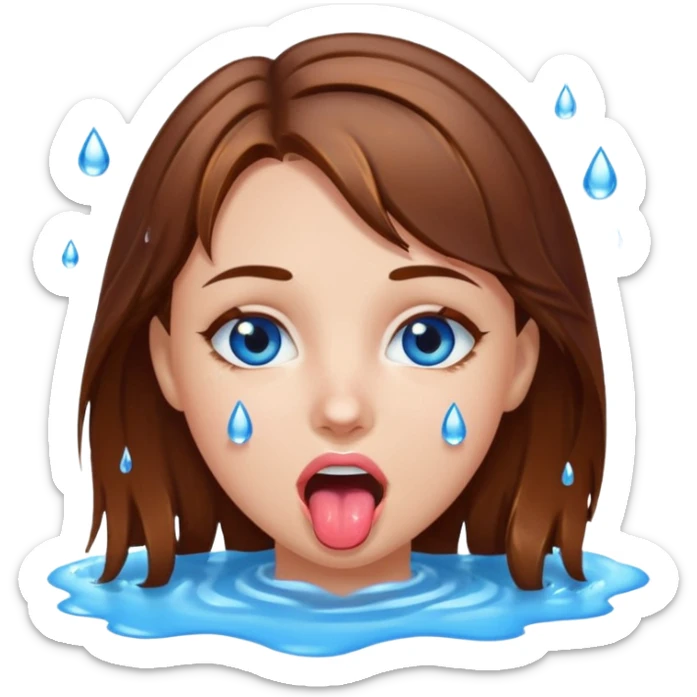 Girl with brown hair, blue eyes, a wet face and her tongue out. Can you make her face more wet sticker