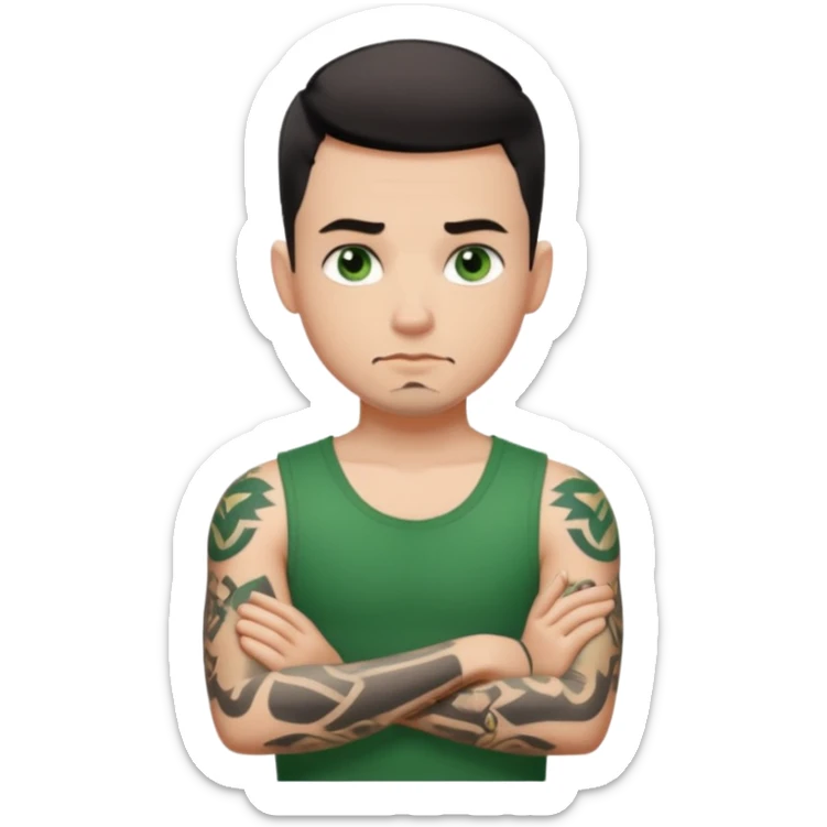 White young man with short black taper fade hair cut and slight goatee and neutral expression with his arms folded. Green eyes and black arm tattoos sticker