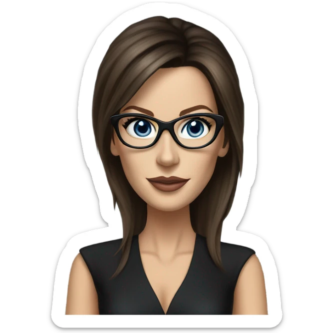 Hyper Realistic photo Kate Beckinsale blue eyes wearing glasses in a business meeting black dress sticker