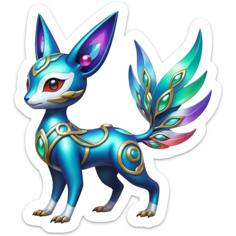 Shiny Colorful Futuristic Ornate Oriental Painted Asian Vernid-Trico-Meloetta-Latias-Koraidon-Peppercat-Protogen-Pokémon-Digimon-Fakémon-fusion-hybrid-creature sticker