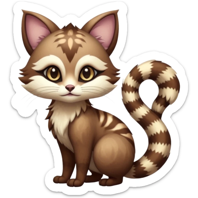 Kawaii dark edgy brown beige white fantasy ethereal feline-vernid-furret-fursona animal creature with a tufted tail full body with intricate markings  sticker