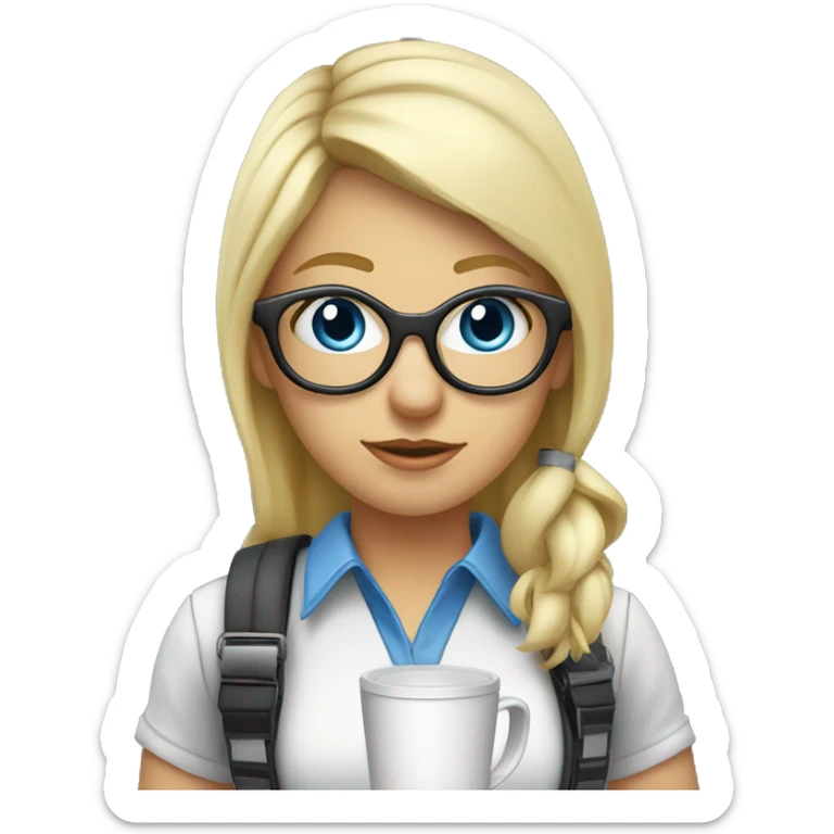 Blue eyed Blond girl with glasses drinking coffee wearing a harness and steel toe boots sticker