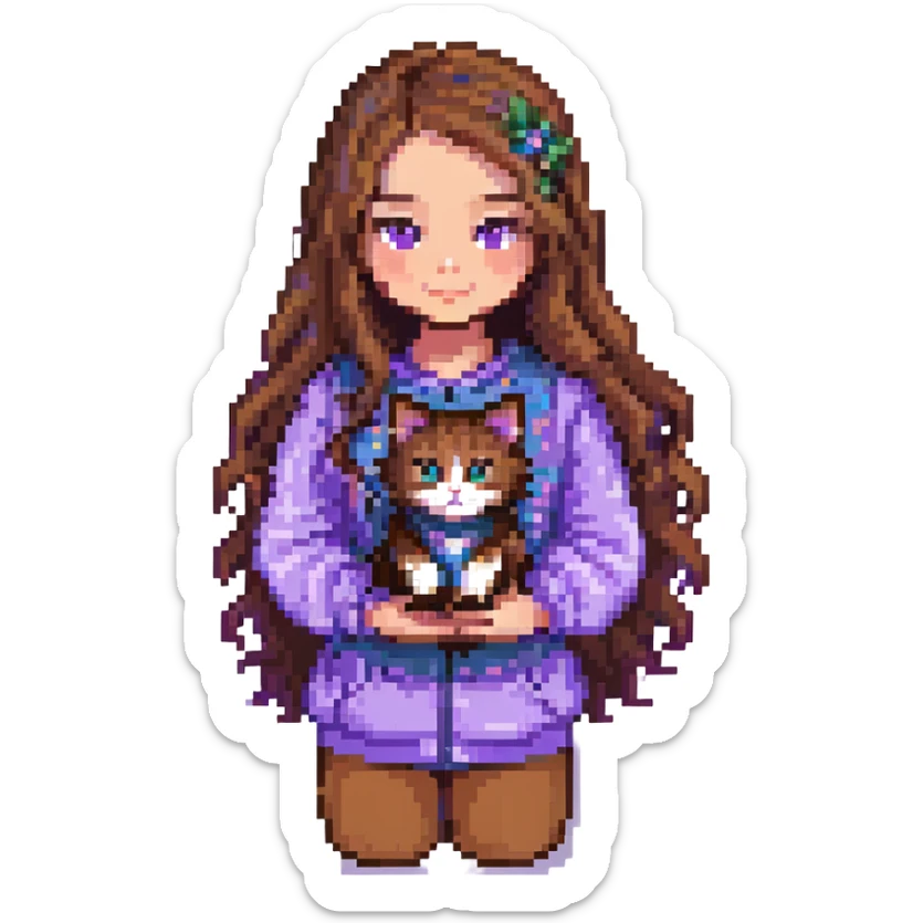 girl with long wavy brown hair and brown eyes wearing purple clothes holding a three-color cat pixel art sticker