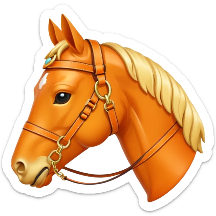 Hermès-style horse head emoji, modern harness design, Hermès orange and gold, luxury, cute sticker