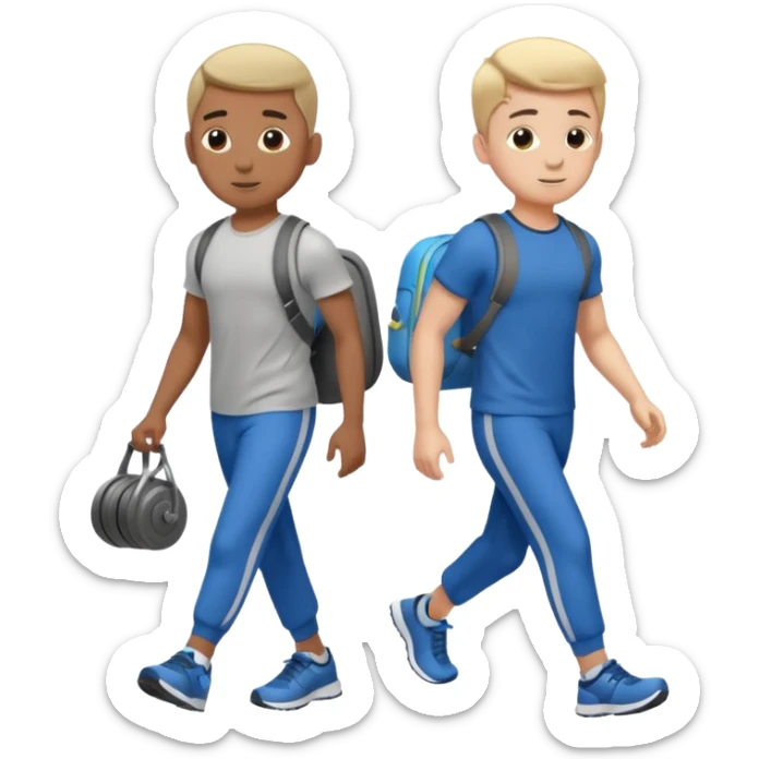 two boys walking, wearing gym clothes and carrying gym equipment, full body sticker