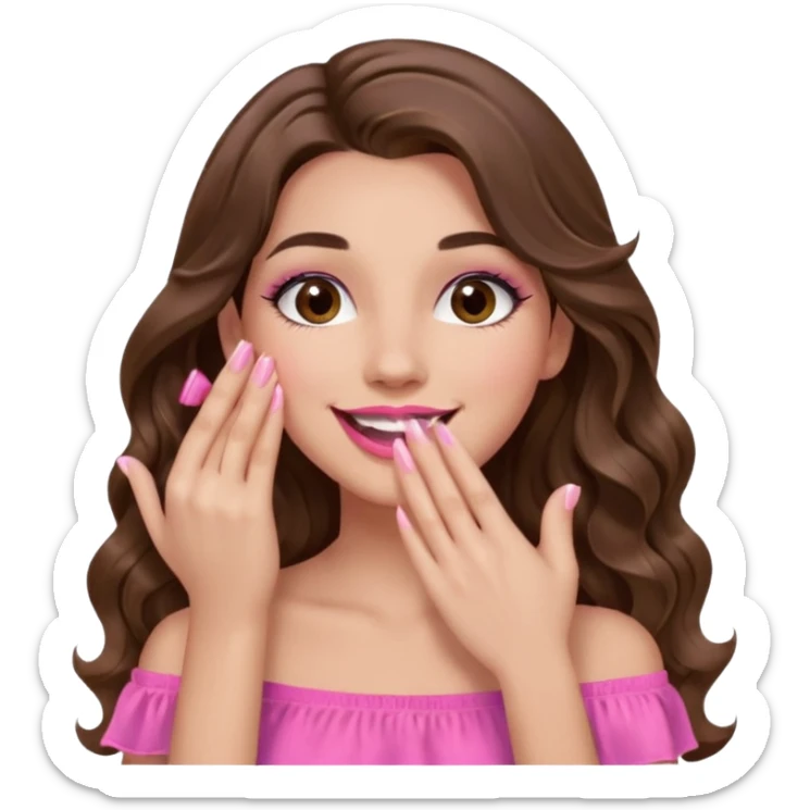 girl with long wavy brown hair, brown eyes, long lashes makeup, pink lips, light to medium complexion, pink sexy top, smiling, hand covering the mouth, giggling sticker