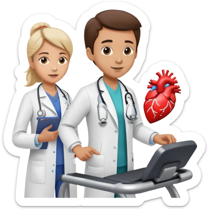 patient on a treadmill, doctor with clipboard supervising, heart monitor in background sticker