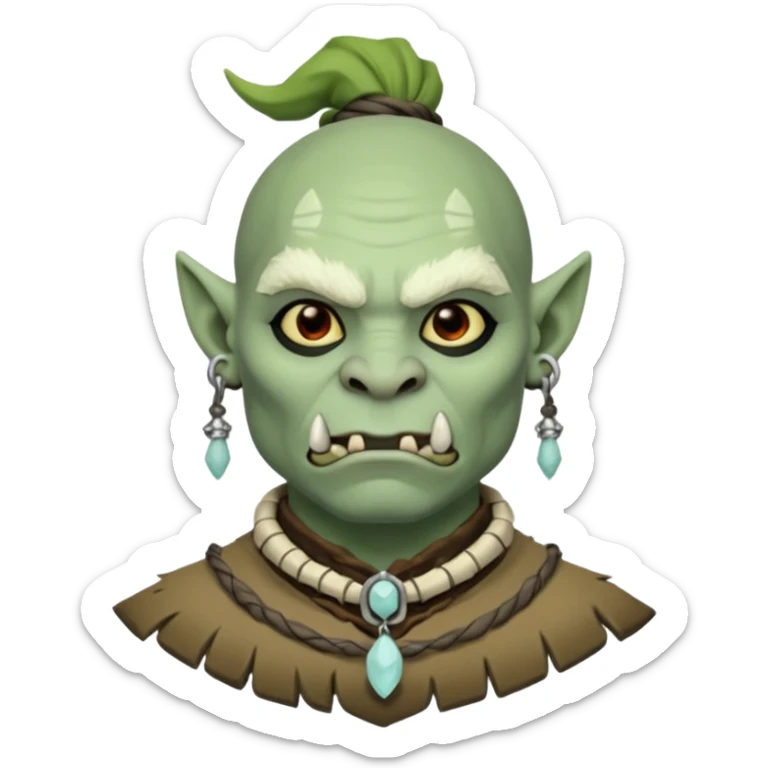 Fantasy orc portrait emoji, small bone charm with frost tied near neck or ear, tribal winter aesthetic, minimal readable design, flat emoji style, male/female variant
 sticker