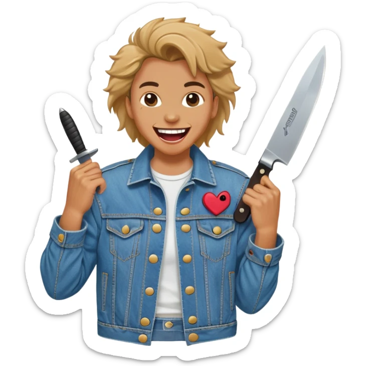 savage person wearing 80s 1988 outfit, denim jacket with shoulder pads, holding a knife, laughing maniacally sticker