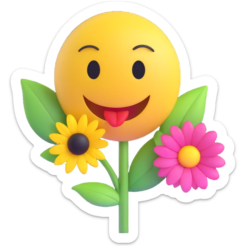 3D smiley emoji, nagy szempillás, virággal, puszit adó sticker