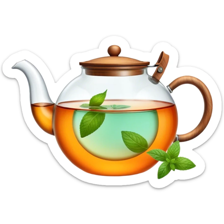 Cinematic realistic emoji depicting a transparent teapot with a realistic wooden lid and glass handle, filled with tea and floating pieces of orange and one mint leaf, rich texture, without unnecessary decoration sticker