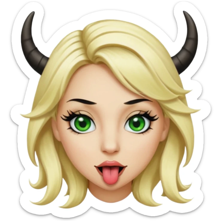 Emoji femme blonde cheveux blond, yeux vert avec de long cils noir qui tire la langue et à des cornes  sticker