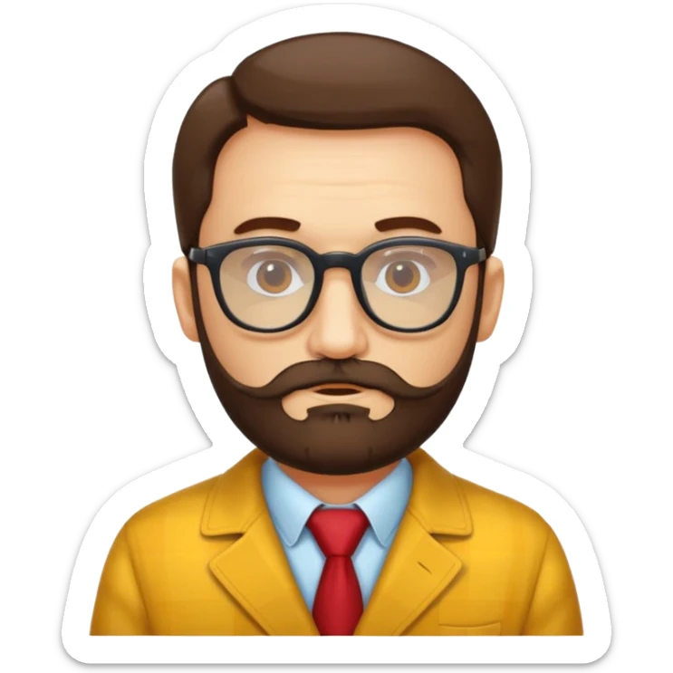 Un profesor calvo, que tenga barba abundante, lleva gafas con el cristal de color amarillo y un abrigo de cuadros rojo sticker