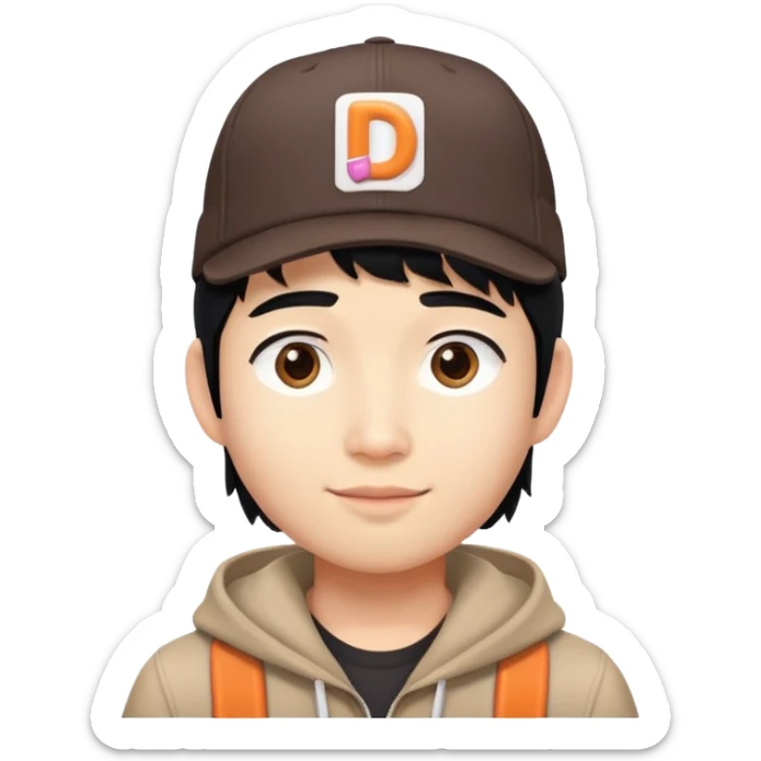 an asian dunkin donut worker with semi long hair black to his shoulders wearing the DUNKIN hat sticker
