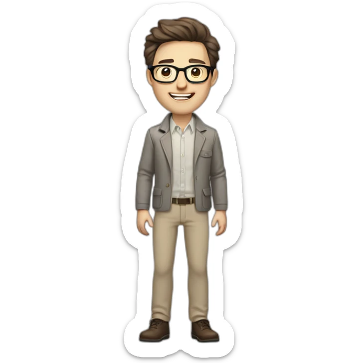Joyful Full height Pale skinned Fit Man With dark brown hair in gray jacket, beige office shirt, Brown pants and vintage glasses. His thrumbs up sticker