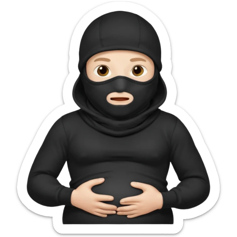 a man who is pregnant and wears a balaclava in his face and we can see his stomach who is bulging and pregnant sticker