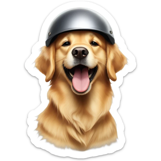 golden retriever with a helmet on and his tongue out drooling sticker