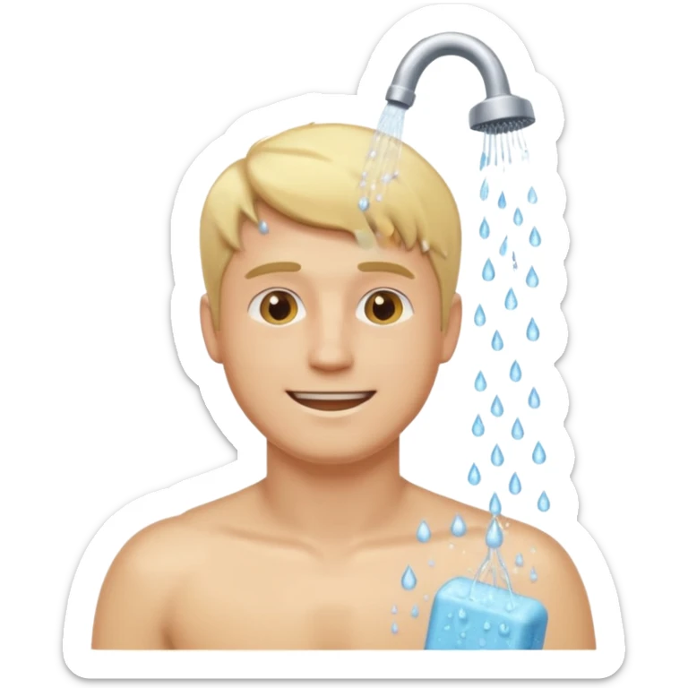 blonde man showering, upper body, water and soap, modest, cheerful, emoji style sticker