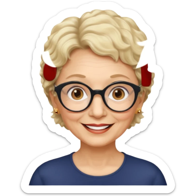 woman 70 years old, very short blonde weavy hair, brown eyes and round dark glasses sticker