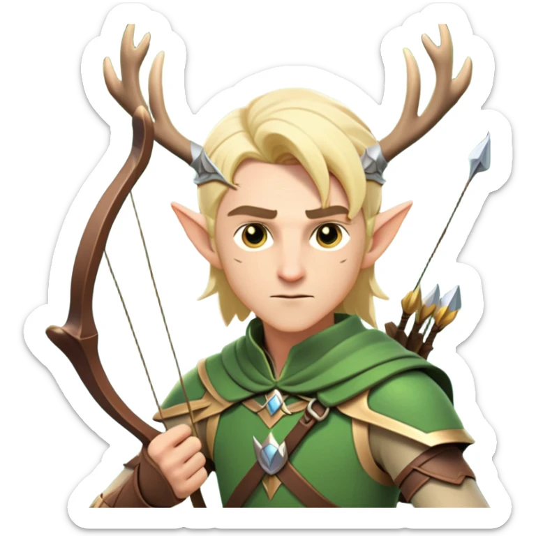 clash-of-clans-aesthetic-blond-male elf-archer-portrait-emoji, rendered in a flat, vector-style with minimal shading and bold holding his bow, simplified shapes, head tilted slightly forward with a determined, focused expression, riding a majestic stag whose antlers glow with mystical energy, set against an ancient, enchanted forest backdrop. sticker