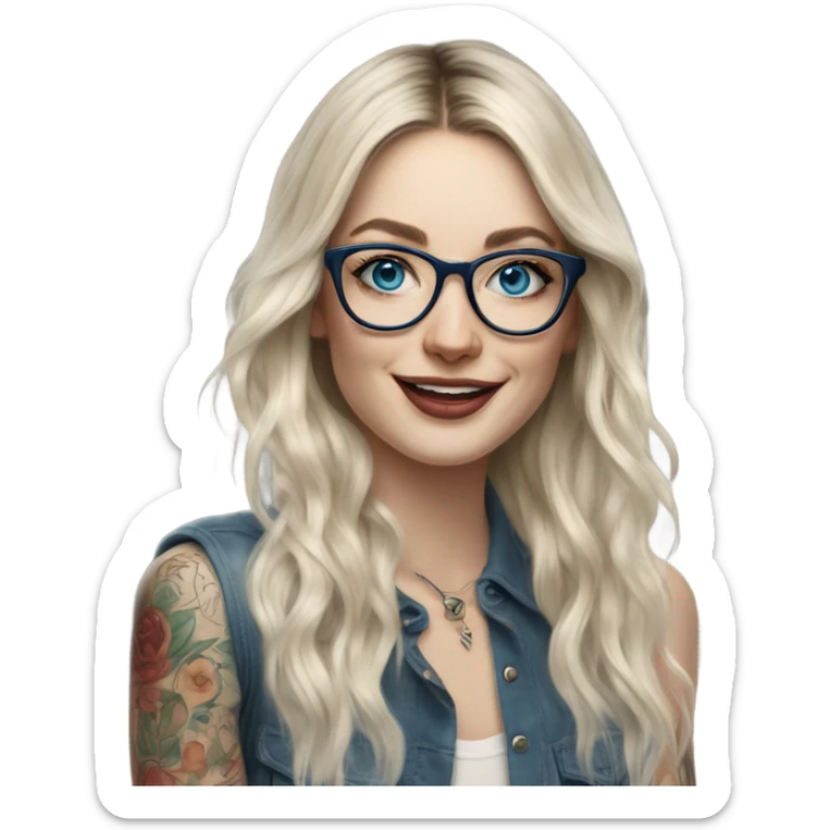 Hyper Realistic Balayage pale beautiful tattooed woman with glasses and blue eyes happy  sticker
