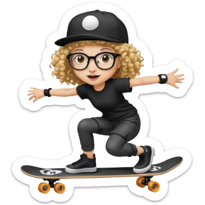 ["An excited girl with light skin, curly hair, wearing a baseball cap and square glasses, dressed in goth fashion, is skateboarding while holding a camera."] sticker