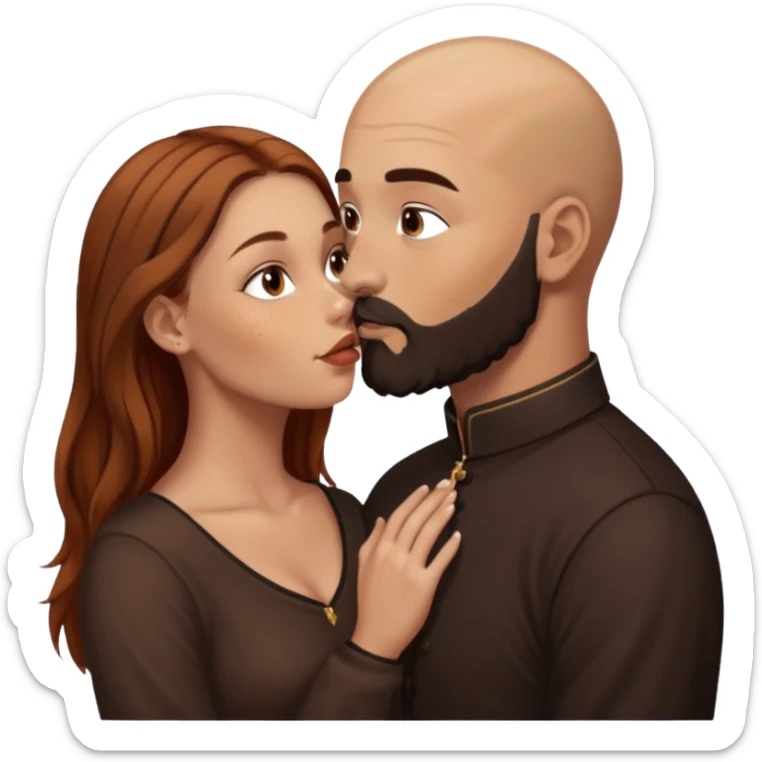 Couple. Bald man with dark brown-black beard. White woman with many small, faded freckles, she has white skin and she has auburn-brown-cinnamon, dark long hair. She has light brown eyes. The man have hazel eyes. She have light eyes. Retro style. She kisses him. Dark akademia. sticker