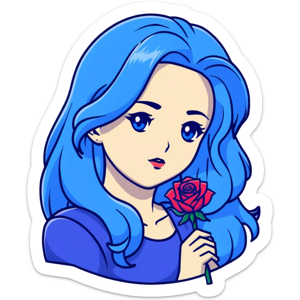 head portrait of anime girl with long dark blue hair, blue rose in hair, blue eyes, JoJo's Bizarre Adventure art style, dramatic look, head only sticker