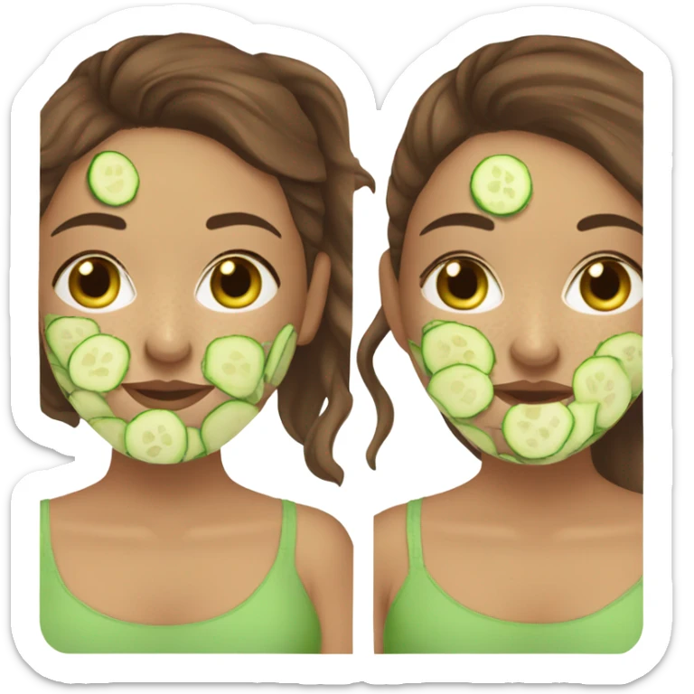 Girl with freackles Brown hair and white skin wears skin care mask Thats Green with Pickle on her eyes sticker
