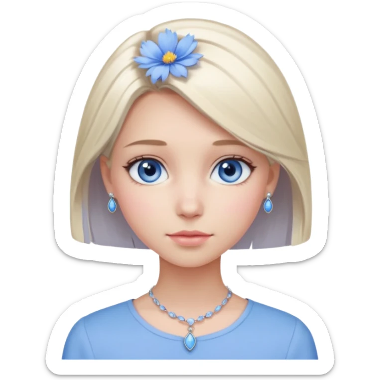 a beautiful girl with straight medium-short length light ashy blonde hair, light grayish-blue eyes, pale pink-neutral toned skin, wearing a cornflower blue blouse and silver jewelry sticker