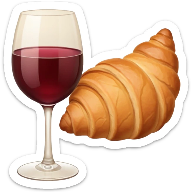 French cuisine humanless avatar in clean emoji-style illustration. Croissant and wine glass, soft beige tones, simple shapes, flat design, refined and cozy. sticker