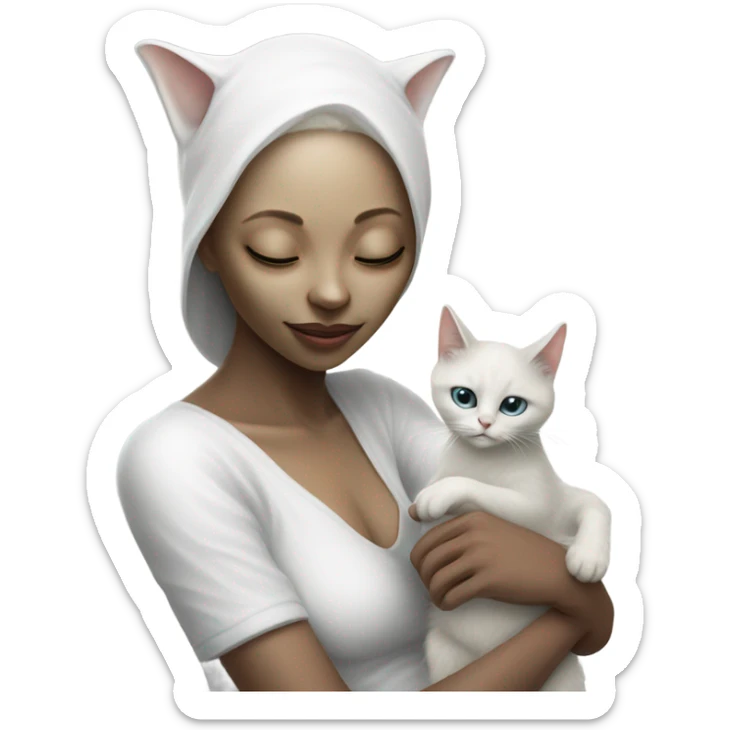 Photo realistic, alien female, kissing and embracing white cat, sticker