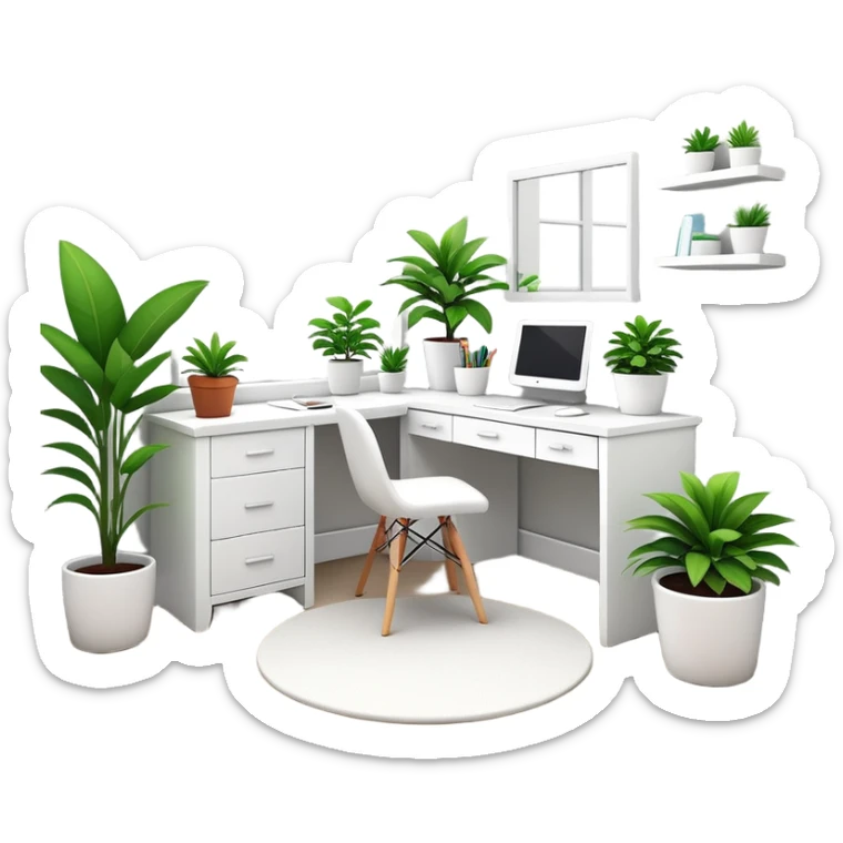 clean modern teenage bedroom with white furniture, white bed, white desk, white vanity, and potted plants sticker