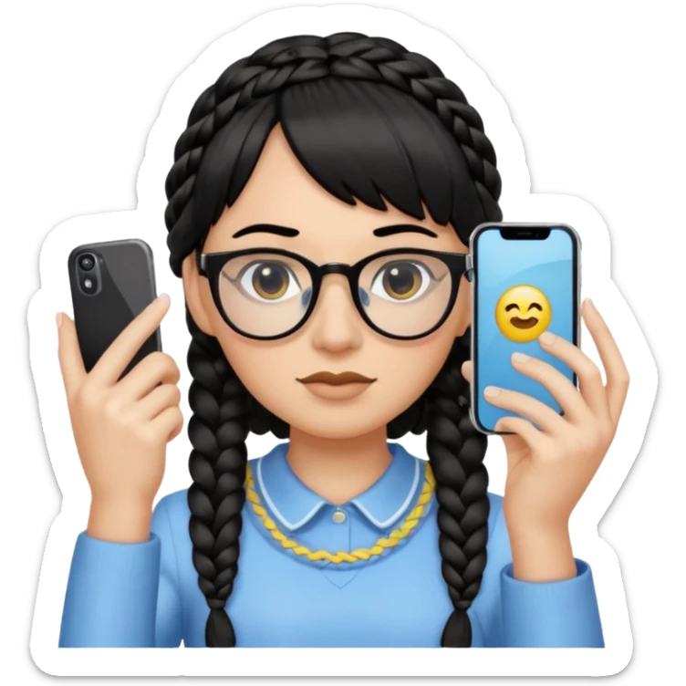 Black hair is braided to the left, bangs, horn-rimmed glasses, and only the eyes of the emoji taking a mirror selfie with iPhone white are visible, and the nose is covered with the iPhone sticker