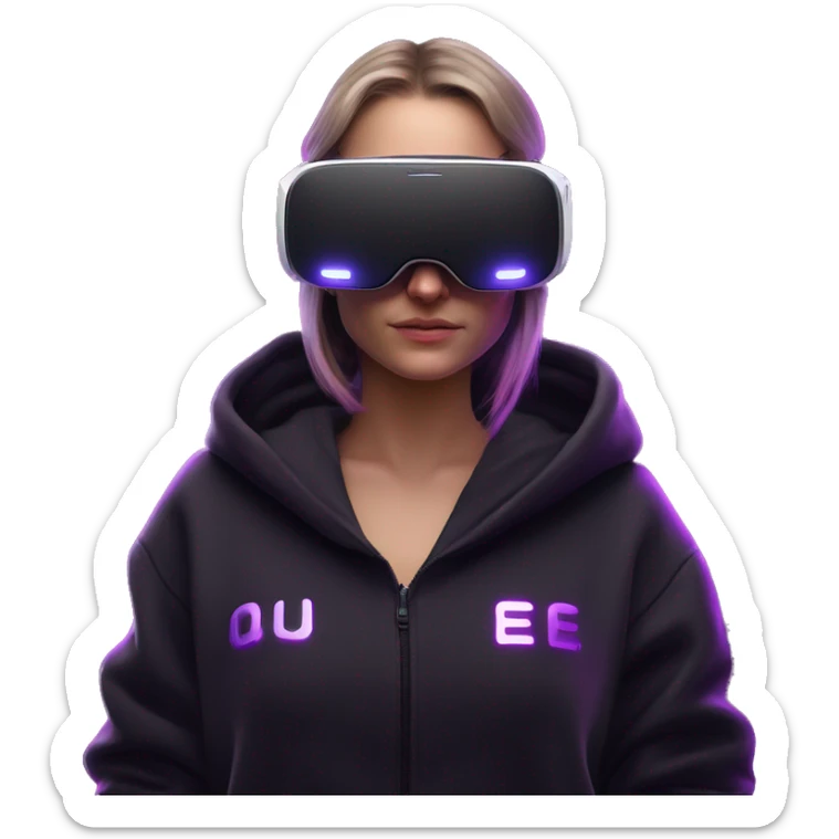 Russian girl wearing black hoody with violet letters "OMG", in vr headset oculus quest2. Standing like jedi. Cyberpunk style. Violet neon. sticker