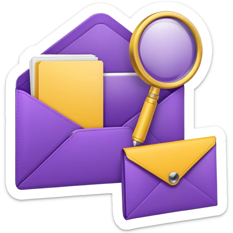simple, minimalistic yellow (hex#FFD008) and purple (hex#8C52FF) icons of a pin, a working case, a folder, a magnifier, an email, an envelope sticker