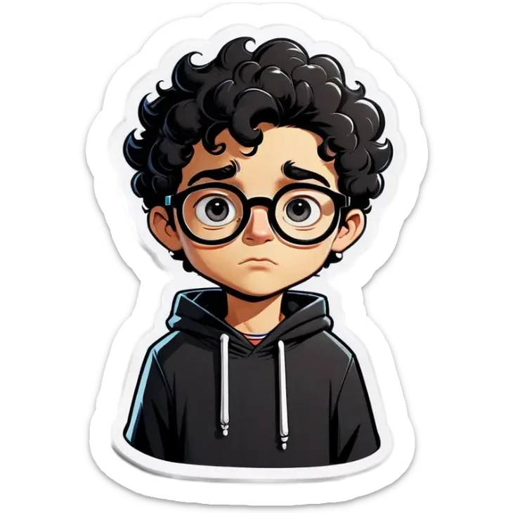 A cartoon drawing of a boy with short black curly hair with glasses and a thoughtful expression he boys face is white and he has black eyes and a black mustache. He is wearing a white hoodie. The background is a light peach color. sticker