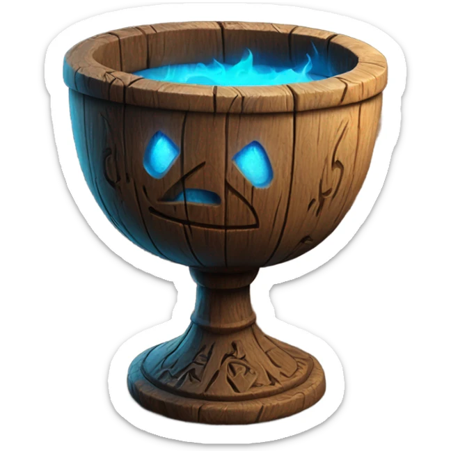 A magical goblet, large and imposing, made of aged wood with intricate carvings and ancient runes along its surface. It emits a bright blue glow, with magical flames dancing inside, symbolizing its power and mystery. sticker