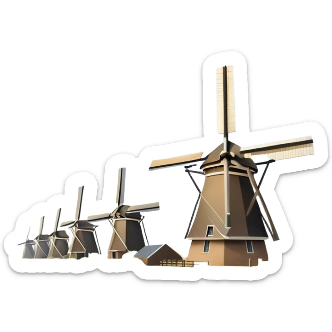 Cinematic Realistic Kinderdijk Windmills Landmark Emoji, depicted as a row of classic Dutch windmills set against a serene sky rendered with detailed textures and soft natural lighting. sticker