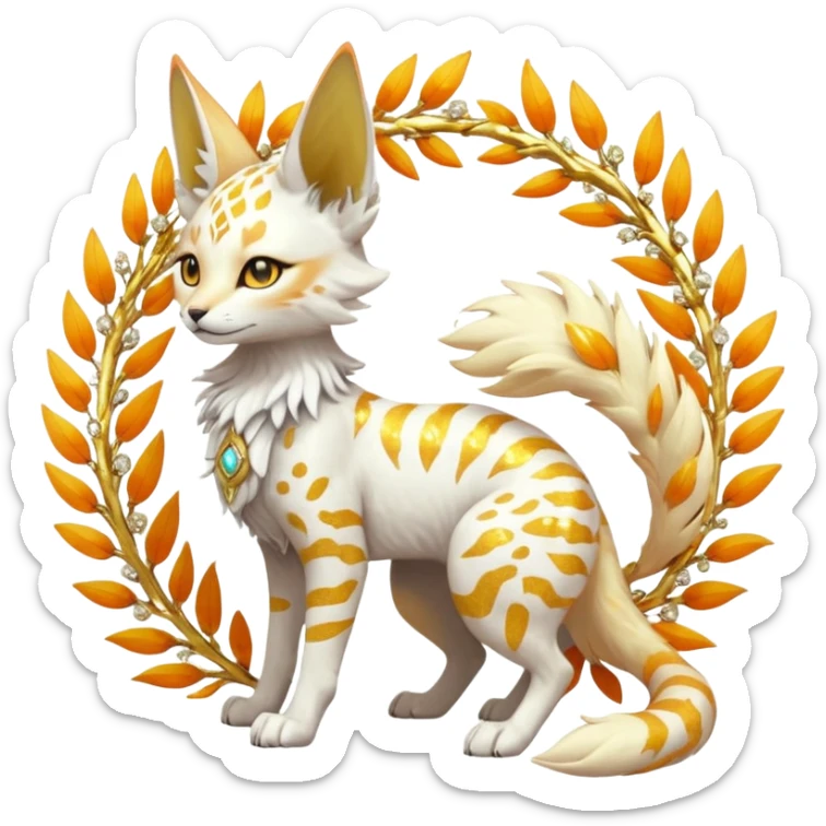 Epic complex fantasy glorious detailed futuristic divine godly angelic feathery sunny, white, albino, pastel, golden, orange glowing sparkly, realistic Fakémon-Sprigatito-Floragato-Meowscarada-Trico-Sergal-Serval-Solgaleo-Vernid-creature (full body) solarpunk, shiny sparkly with gold wreaths sticker