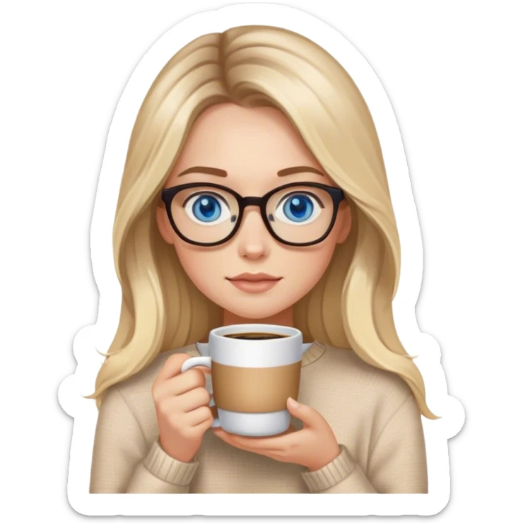 Blonde balayage long hair white women beige sweater blue eyes and small glasses holding coffee sticker